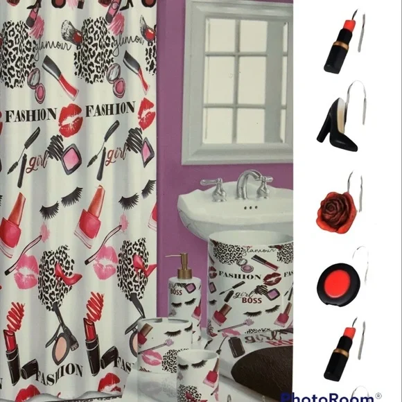 Fashion Boss 5 Pieces Fabric Shower Curtain and Accessories Set Fashion Theme